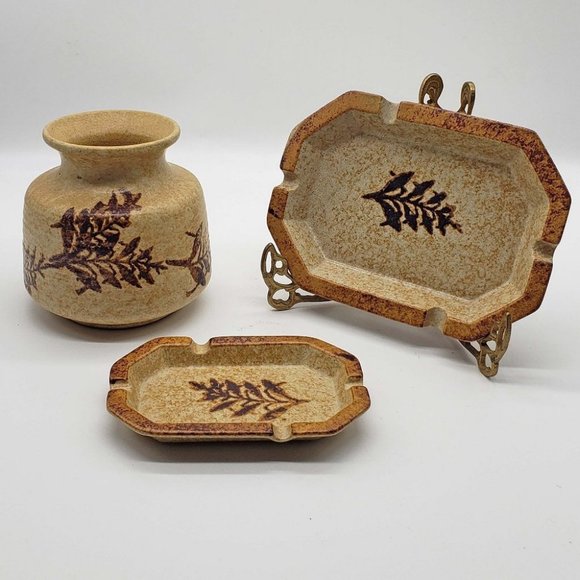 3 pc mid century modern MCM Pottery Craft stoneware vase & ashtrays - Picture 2 of 3